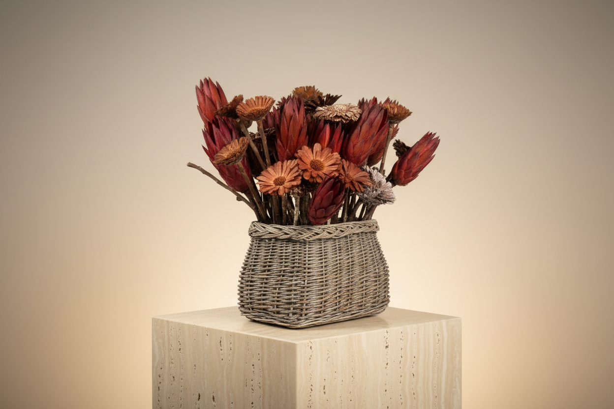 Dried Protea repens and solar wood bloom basket arrangement on a cream plaster pedestal in warm ambient light, three-quarter view showing full sculptural form of burgundy cone heads and amber daisy blooms in grey-washed woven reed basket