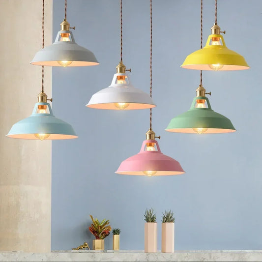 Colorful pendant lights hanging against a light blue wall with plants on a shelf.