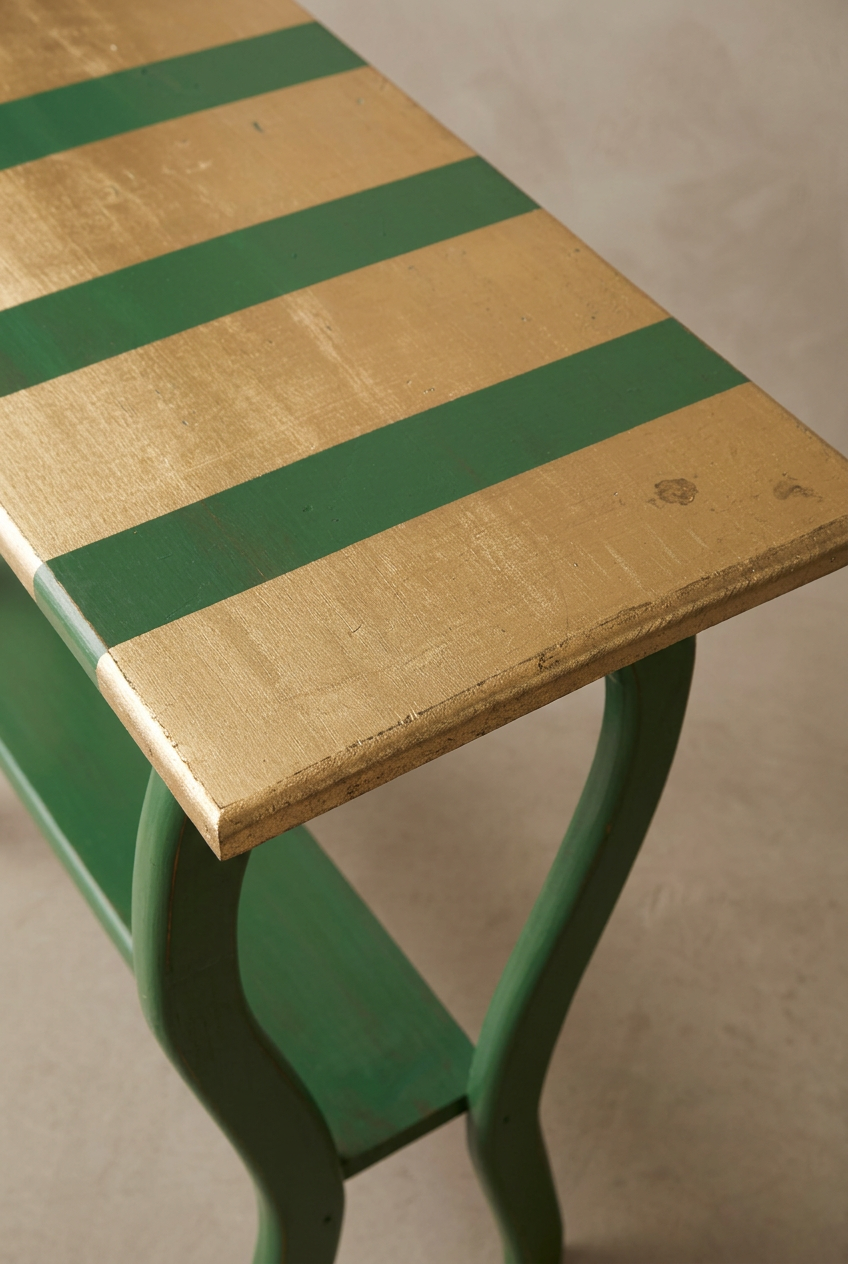 Console table striped tabletop detail
