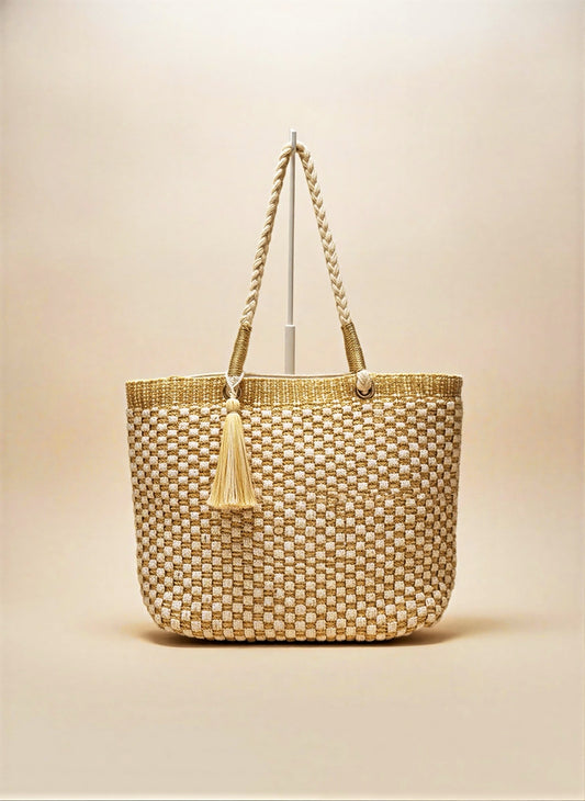 Studio portrait of the Crosstree Lane woven checkerboard tote bag with a matching oversized tassel, displayed elegantly against a neutral cream background.