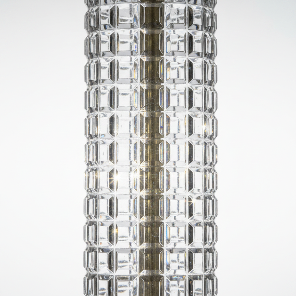 Close-up of vintage clear pressed glass lamp column showing geometric waffle-grid block pattern with rows of faceted rectangular panels, light refracting across crystal-clear glass facets, brass center rod visible through body