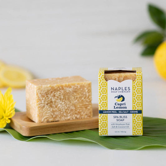 Capri Lemon spa soap with lemon peel, sea salt, and coconut oil in colorful packaging, 5.3 oz.