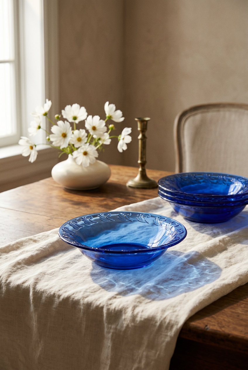 Cobalt blue glass pie dishes displayed on a linen runner across a wooden dining table beside white flowers and brass decor.
