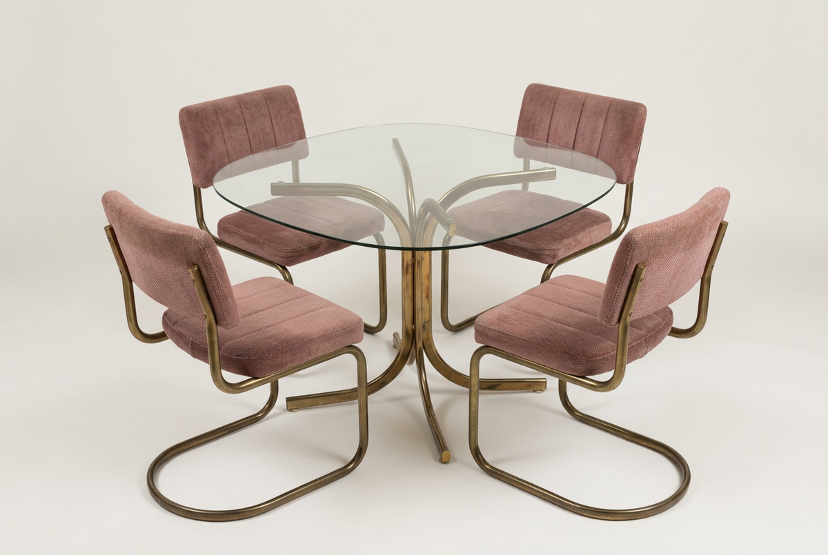 1980s Douglas Furniture Brass & Glass Dining Set with Dusty Rose Chairs, 5 Pieces