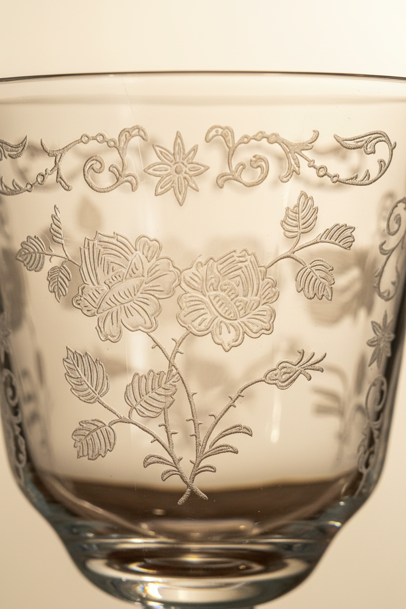 Etched Crystal Wine Goblet — Floral Detail