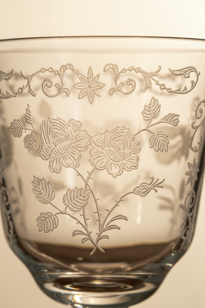 Etched Crystal Wine Goblet — Floral Detail