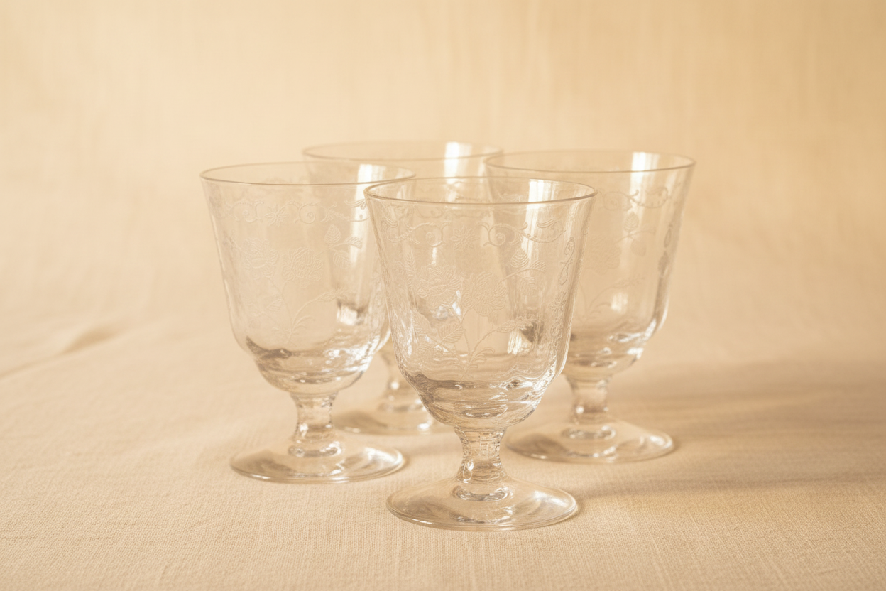 Etched Crystal Wine Goblets — Full Set