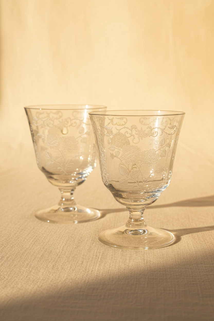 Etched Crystal Wine Goblets — Pair