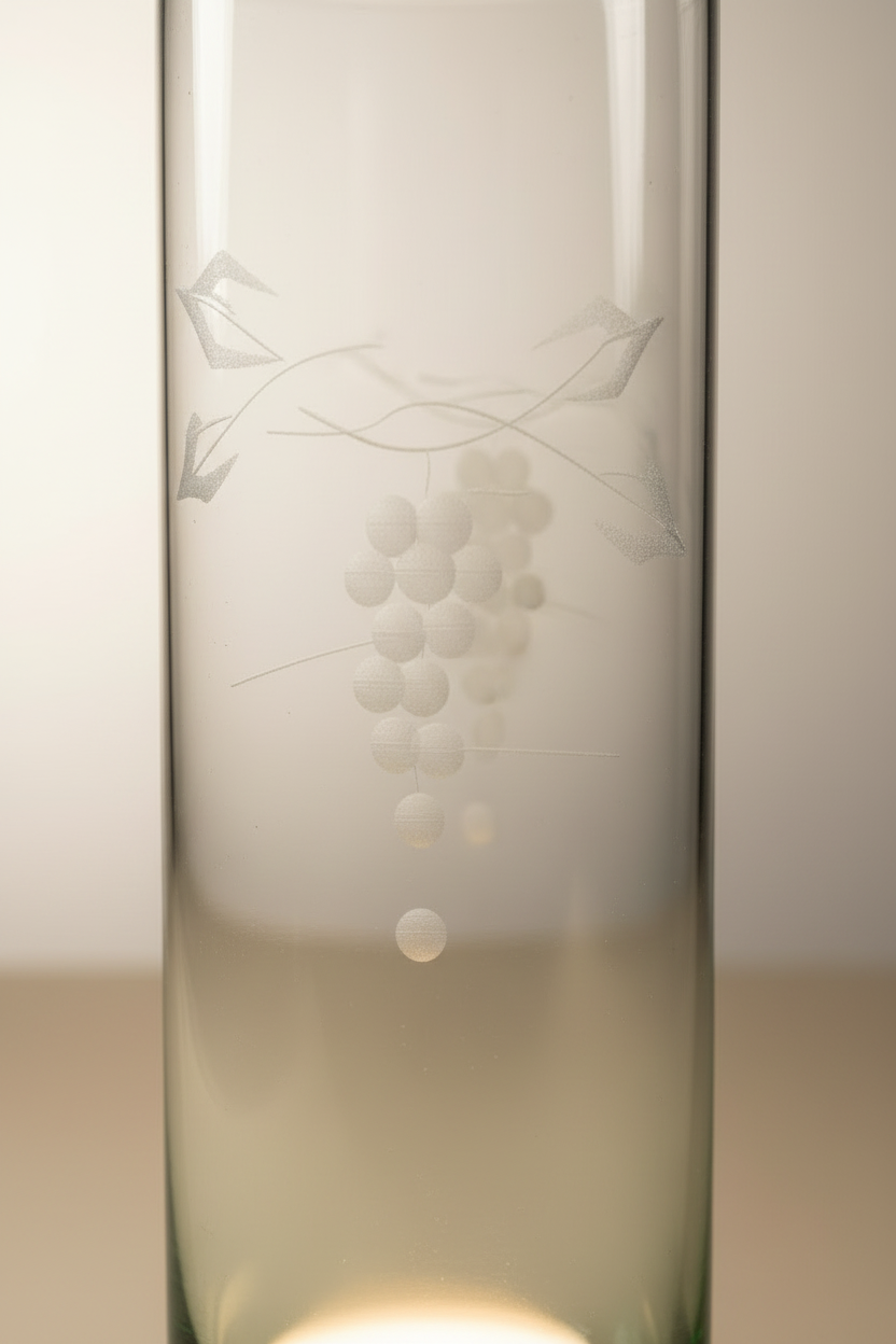 Close-up detail of wheel-etched grape cluster, curling tendrils, and leafy vine motif on vintage mid-century Tom Collins glass showing crisp etching clarity on clear glass body