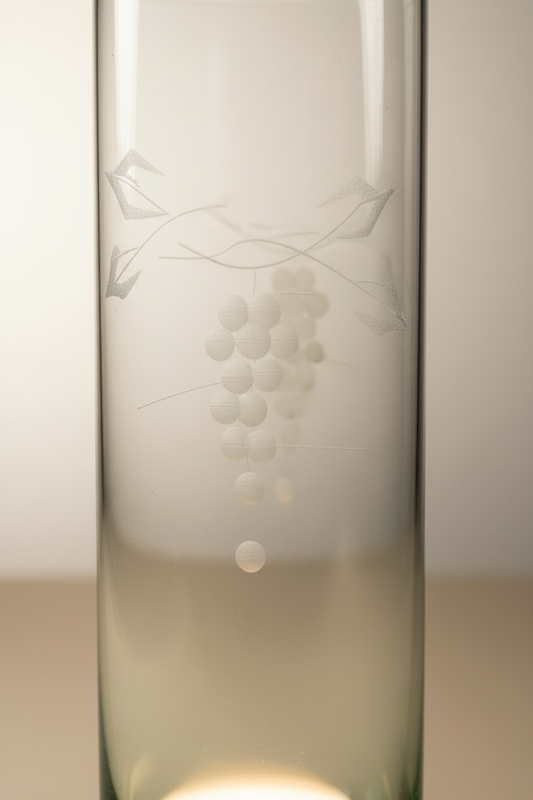 Close-up detail of wheel-etched grape cluster, curling tendrils, and leafy vine motif on vintage mid-century Tom Collins glass showing crisp etching clarity on clear glass body