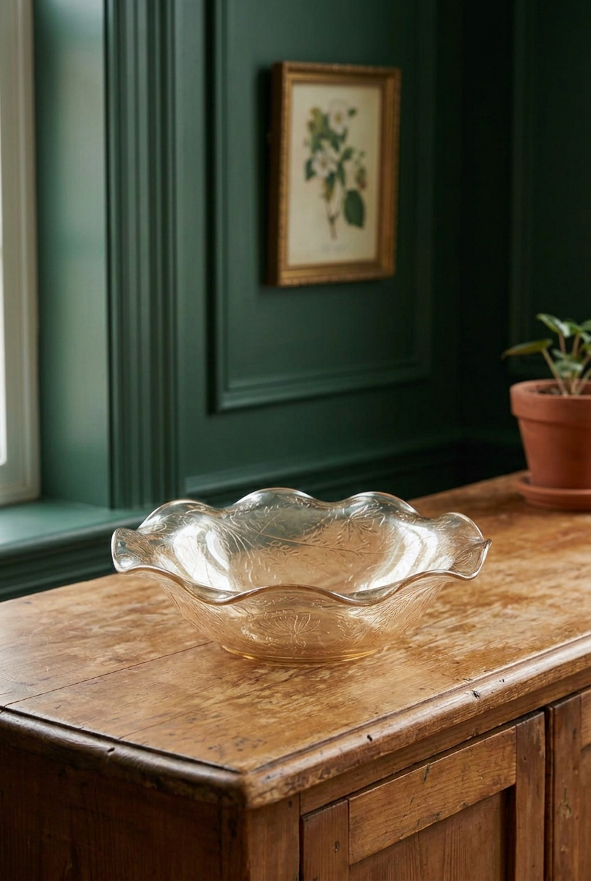 Jeannette Floragold iridescent amber glass bowl with a ruffled rim and floral detail, styled on a wooden console against dark green paneling.