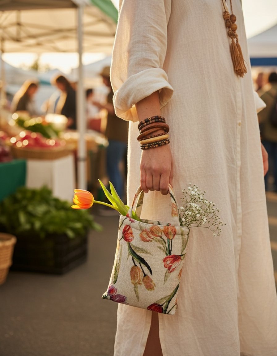 Floral Weave Tote Bag - 23x25cm Accurate Size