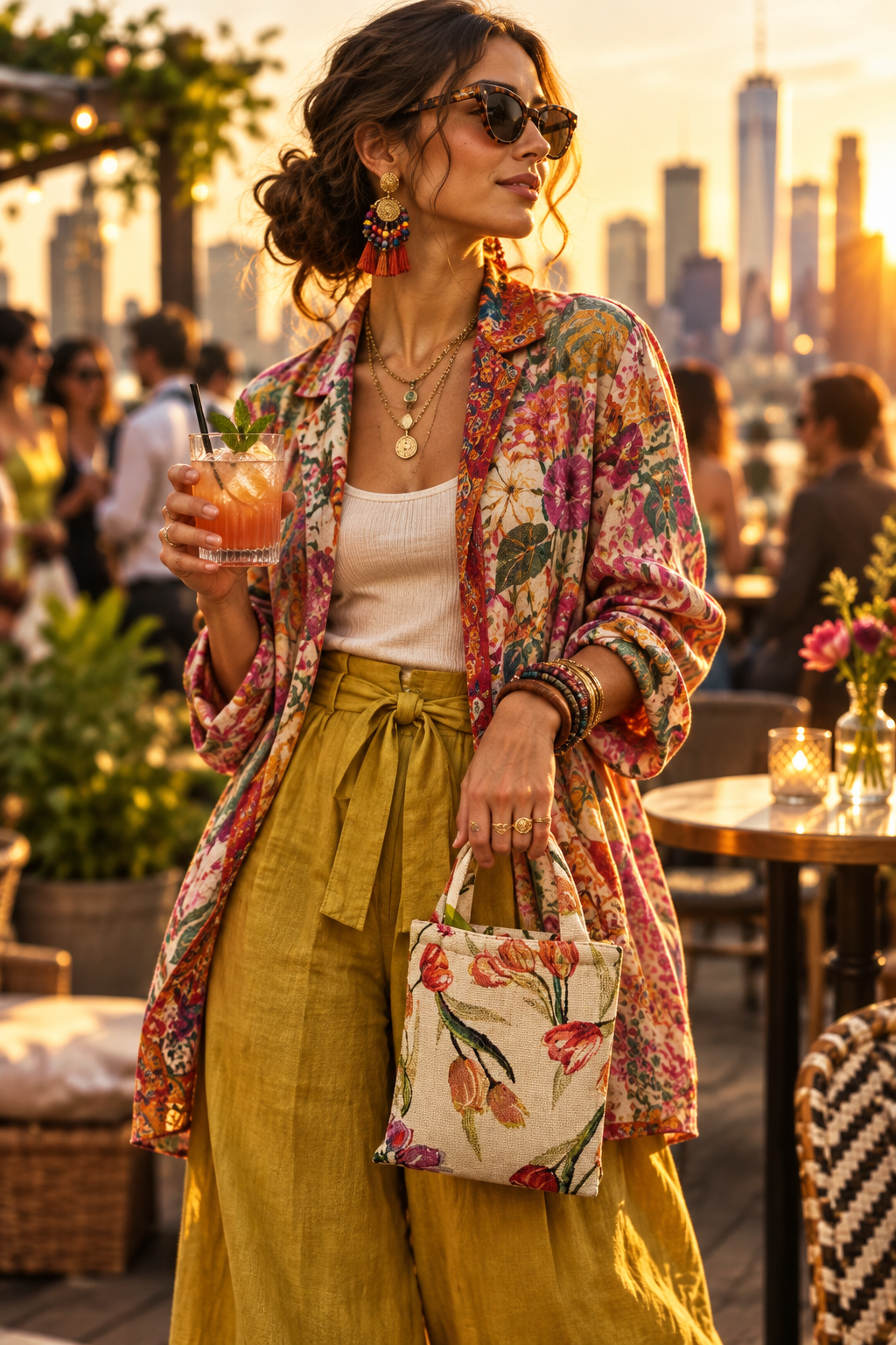 Woman in boho floral kimono and mustard wide-leg pants carrying a handcrafted tulip floral weave tote bag at a rooftop sunset gathering with city skyline — artisan compact tote styled for evening.