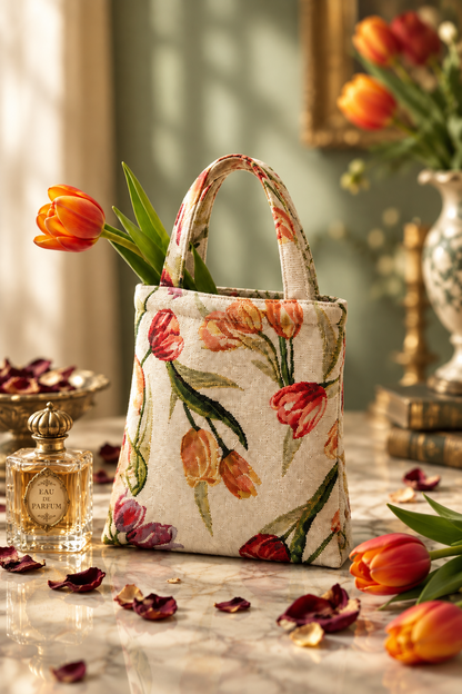 Handcrafted tulip floral weave tote bag styled on a marble surface with a vintage eau de parfum bottle, scattered rose petals, and fresh orange tulips in warm golden light — romantic editorial flat lay.
