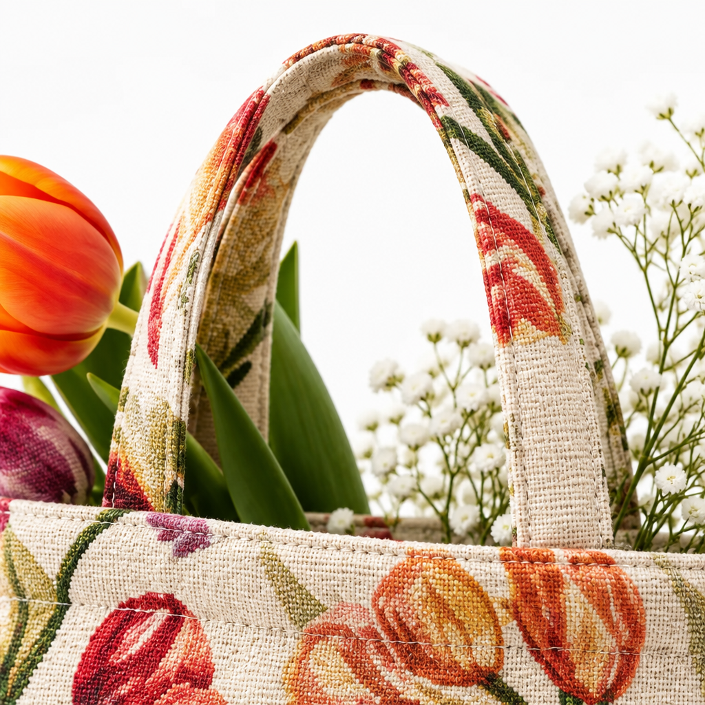 A close-up of a woven tote bag with floral tulip prints in red, orange, yellow, and green on a cream background. The bag has thick fabric handles and is styled with tulips and white baby's breath flowers against a bright white background.