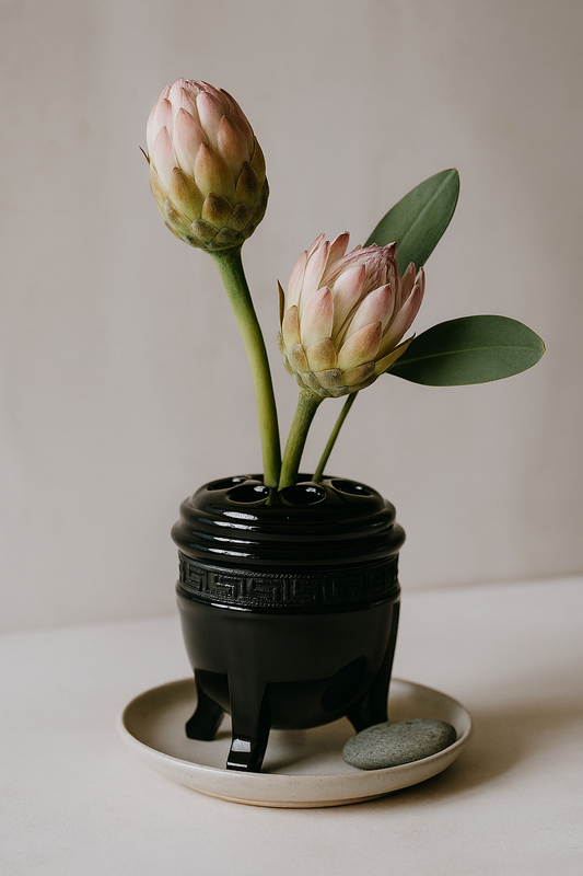 Vintage 1930s Black Flower Frog - Authentic Tripod Censer Vase for Modern Arrangements
