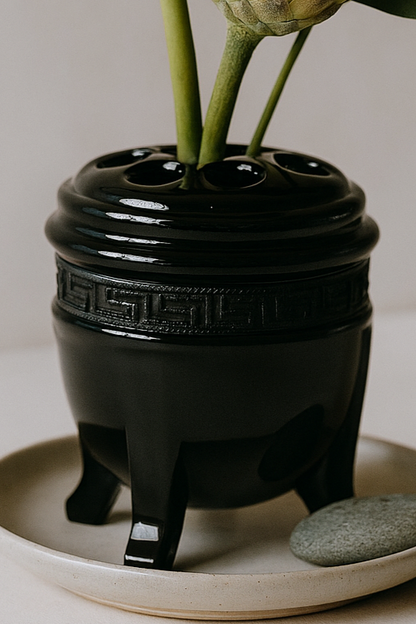 Vintage 1930s Black Flower Frog - Authentic Tripod Censer Vase for Modern Arrangements