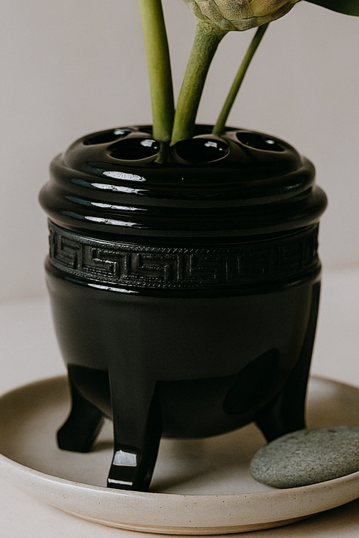 Vintage 1930s Black Flower Frog - Authentic Tripod Censer Vase for Modern Arrangements