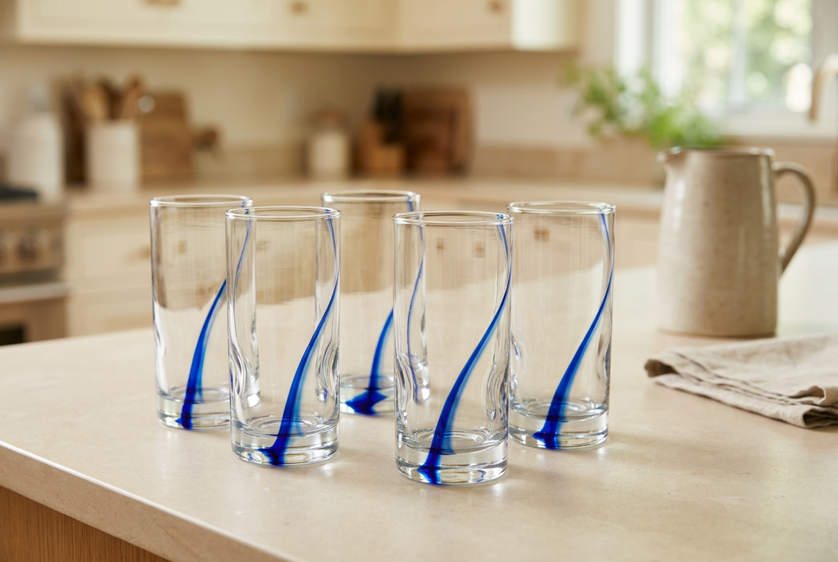 Four cobalt-swirl glasses styled on a warm neutral kitchen counter