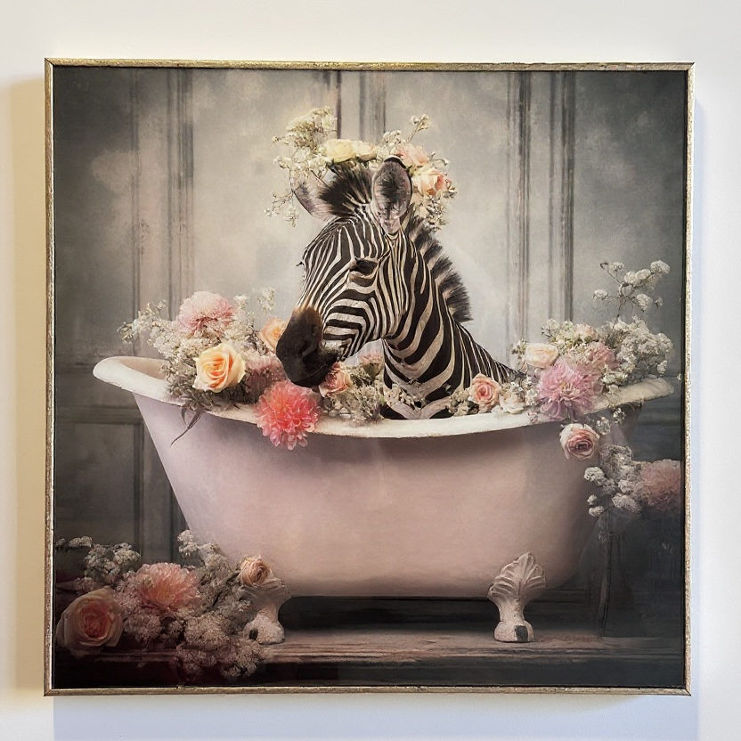 Framed artwork of a zebra in a bathtub with flowers on a white wall.