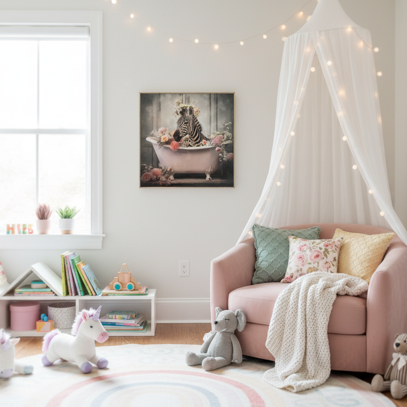 Children's room with pink sofa, toys, and decorative elements.