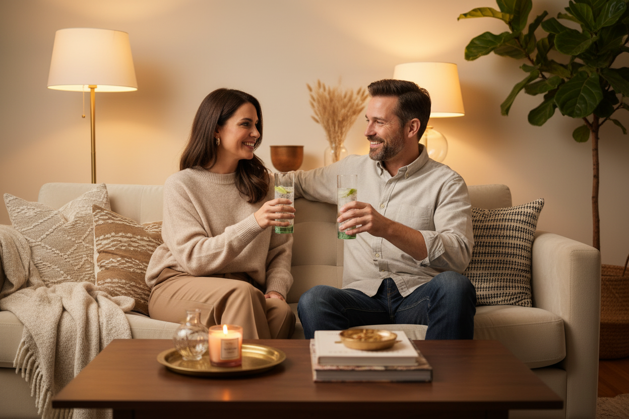  Lifestyle photo of couple toasting with vintage etched Tom Collins glasses filled with gin and tonic in warm cozy living room setting with brass lamp, linen sofa, and pampas grass decor