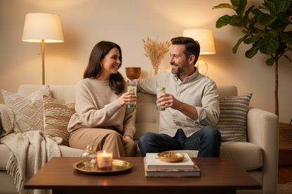  Lifestyle photo of couple toasting with vintage etched Tom Collins glasses filled with gin and tonic in warm cozy living room setting with brass lamp, linen sofa, and pampas grass decor