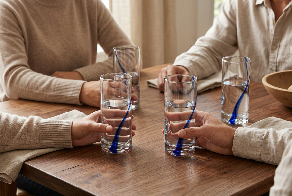 Friends using the clear cobalt-swirl glasses around a table