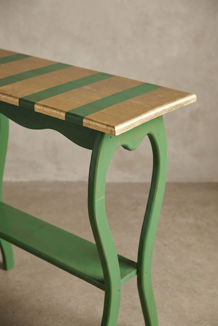 Front-corner detail of the green and gold console table