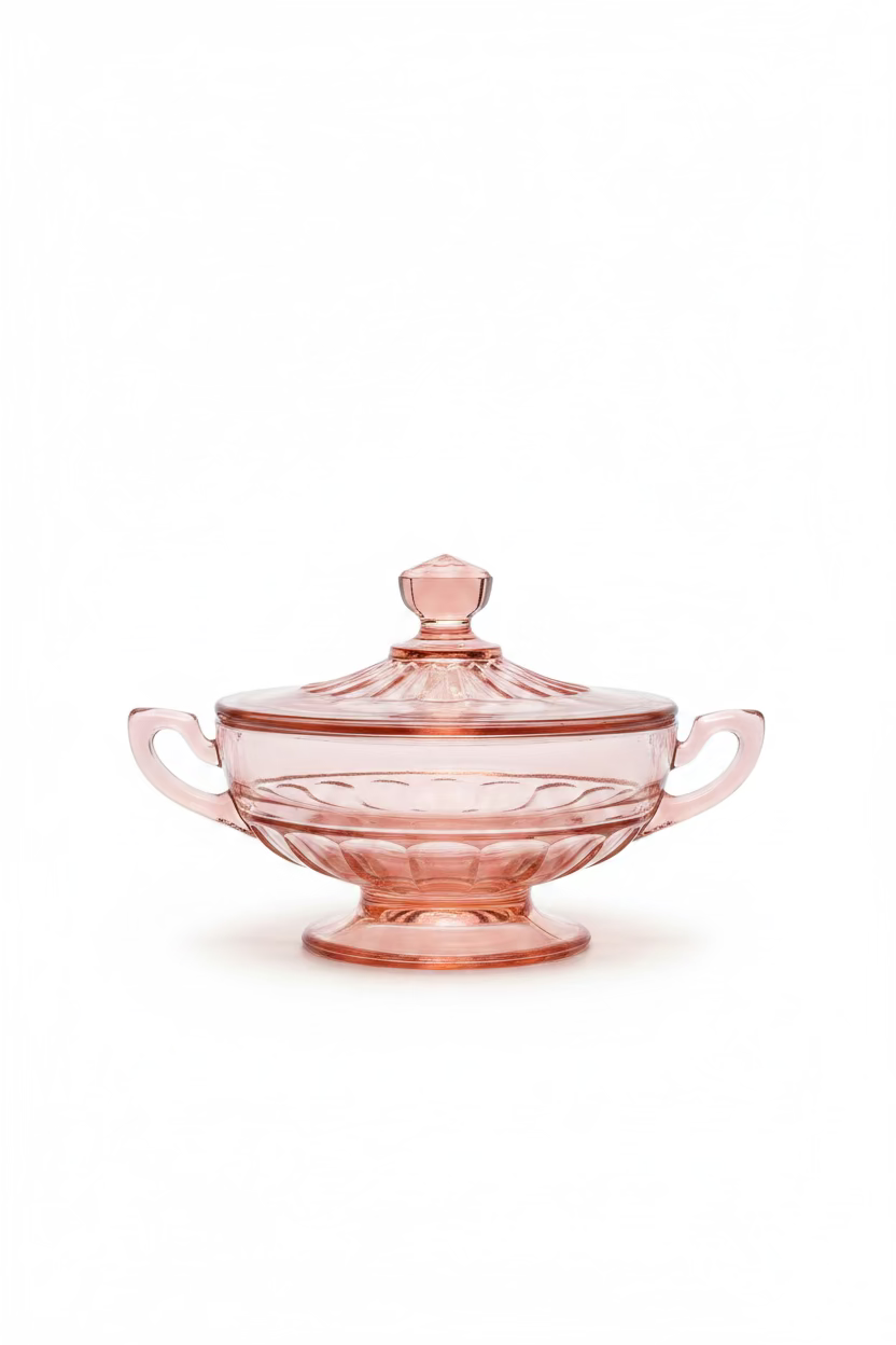 A full side view of the elegant pink depression glass lidded sugar bowl with handles and a pedestal base, highlighting its Art Deco design, set against a clean white background.