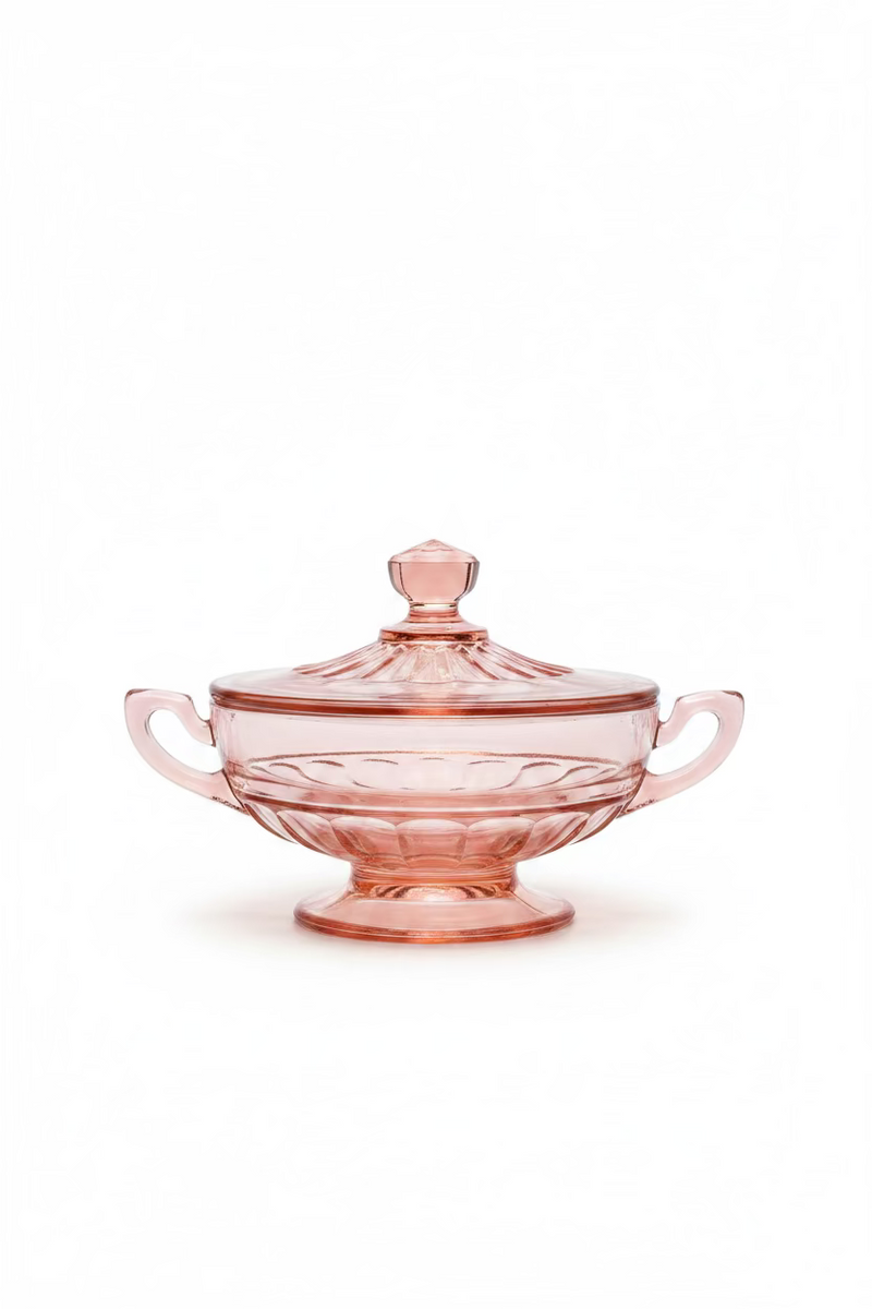 A full side view of the elegant pink depression glass lidded sugar bowl with handles and a pedestal base, highlighting its Art Deco design, set against a clean white background.
