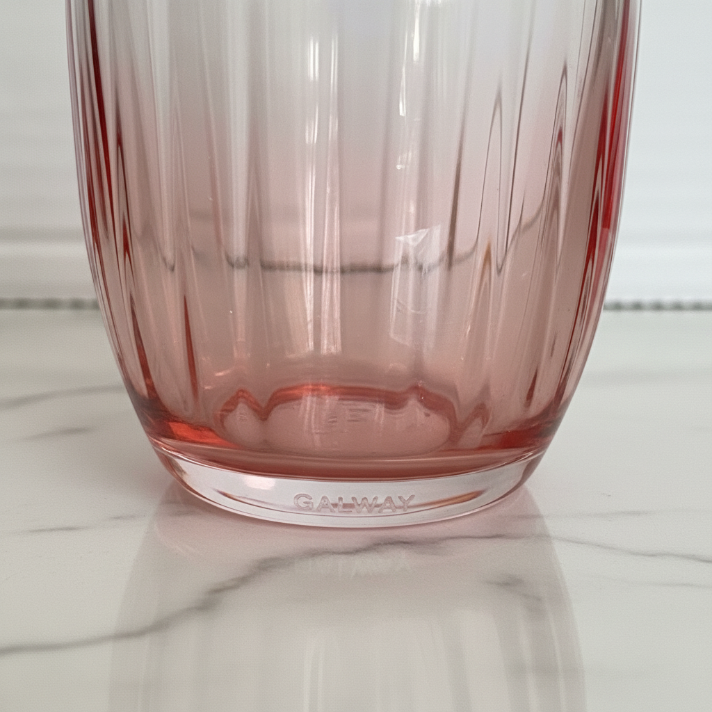 A close-up of a pink-tinted glass tumbler with vertical fluting, resting on a white marble surface. The brand name 'Galway' is embossed on the base.