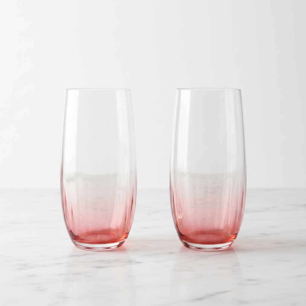 Pair of blush rose ombre highball glasses on white marble showing clear-to-pink gradient and vertical optic ribbing
