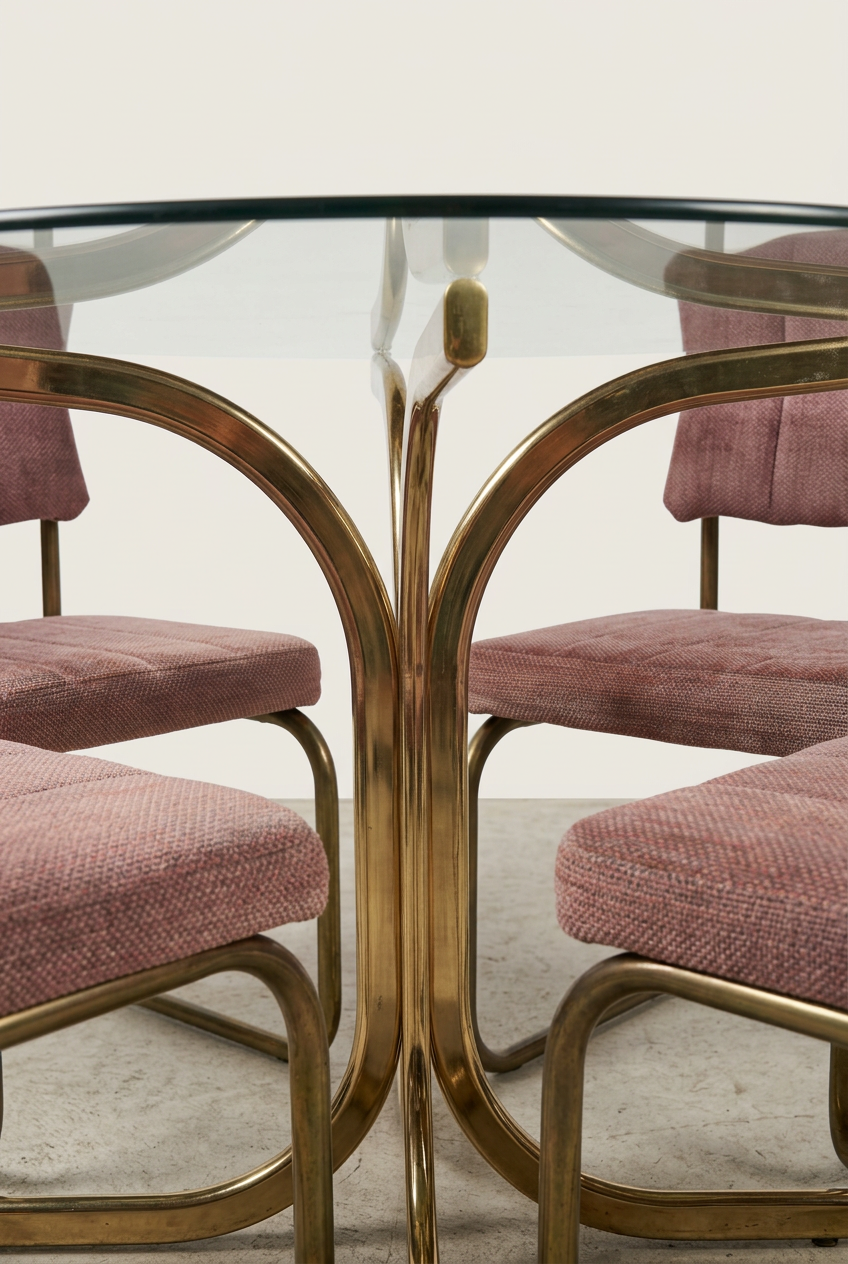 1980s Douglas Furniture Brass & Glass Dining Set with Dusty Rose Chairs, 5 Pieces