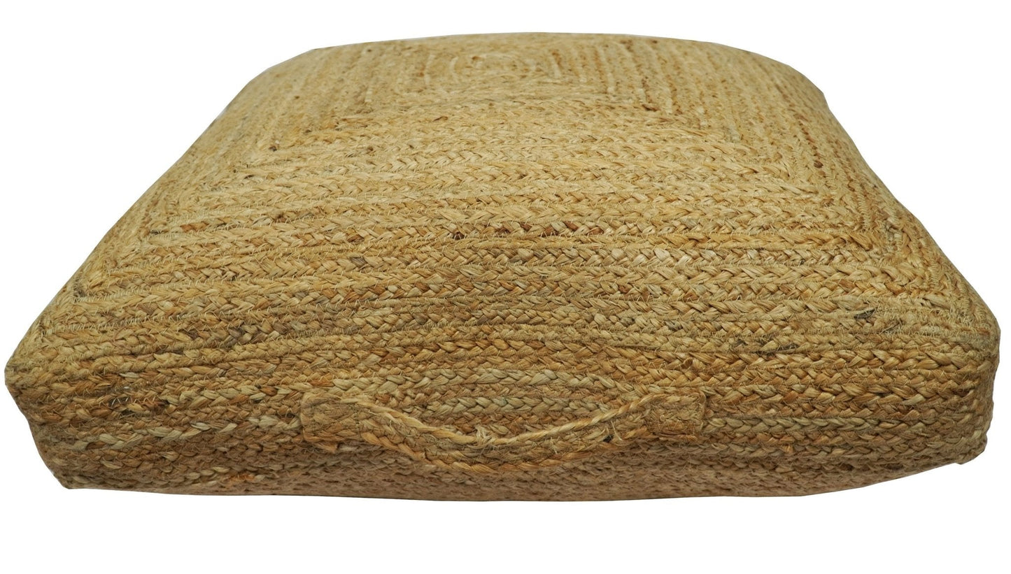 Natural Brown Jute Square Pouf | Hand Braided Boho Ottoman Footstool | JP4