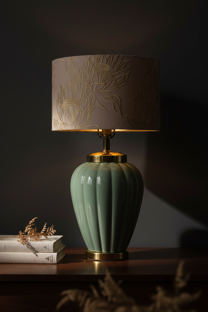 Vintage 1980s celadon glazed ceramic table lamp base in lobed melon urn form with polished brass shoulder collar and brass plinth, shown with embroidered cream botanical drum shade for scale on white background — shade not included