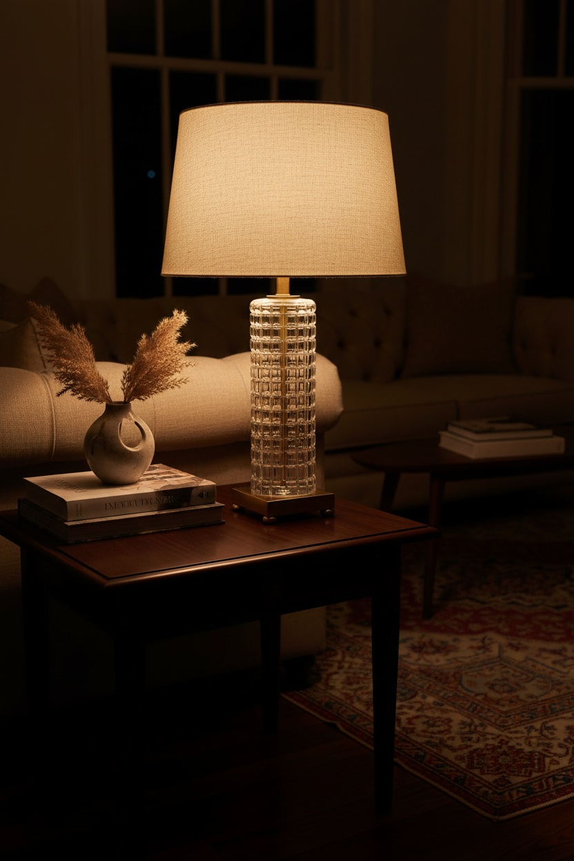 Vintage mid-century clear glass column table lamp illuminated on dark wood side table beside cream linen sofa, styled with white ceramic vase and dried pampas grass on stacked books, Persian rug, warm amber evening glow