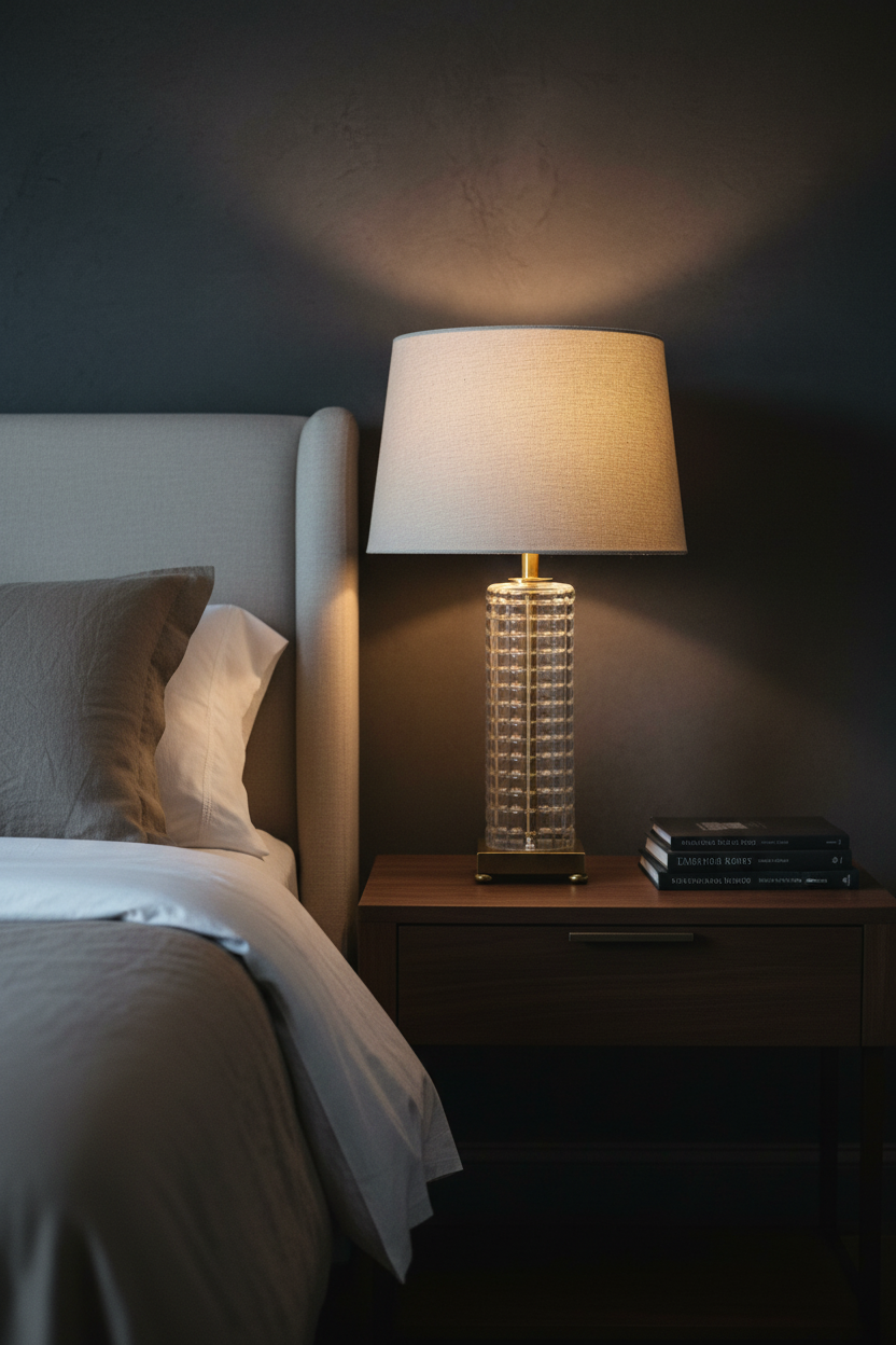 Vintage mid-century waffle glass column table lamp illuminated on walnut nightstand beside gray upholstered headboard and neutral linen bedding, warm amber uplight on charcoal wall, moody bedroom interior