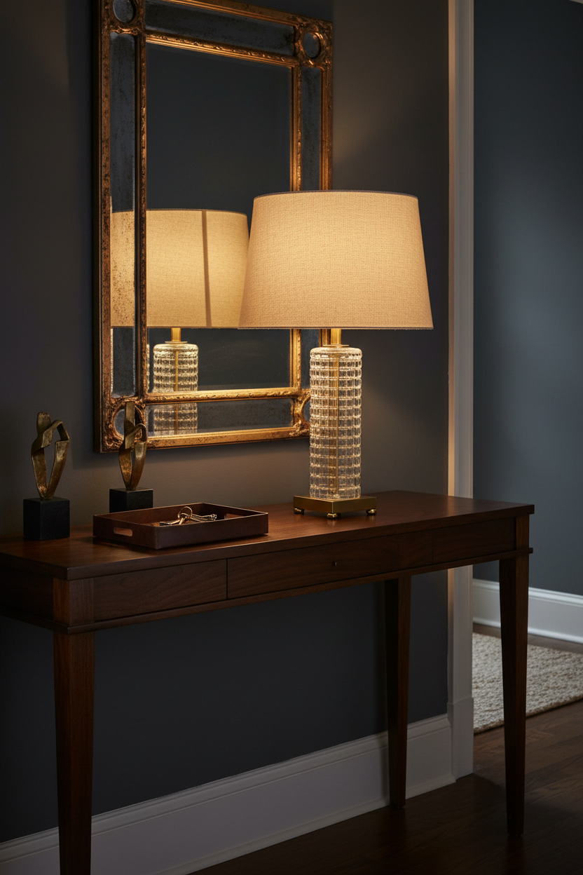 Vintage mid-century clear glass waffle-grid table lamp illuminated on dark walnut console table against slate blue-gray wall, reflected in ornate gilt wood mirror above, styled with brass sculpture and dark leather tray, warm evening light