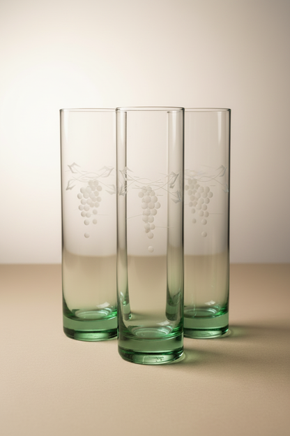 Set of three mid-century vintage Tom Collins highball glasses with wheel-etched grape cluster and vine motif on clear cylindrical body and deep emerald green weighted base, grouped on warm white background