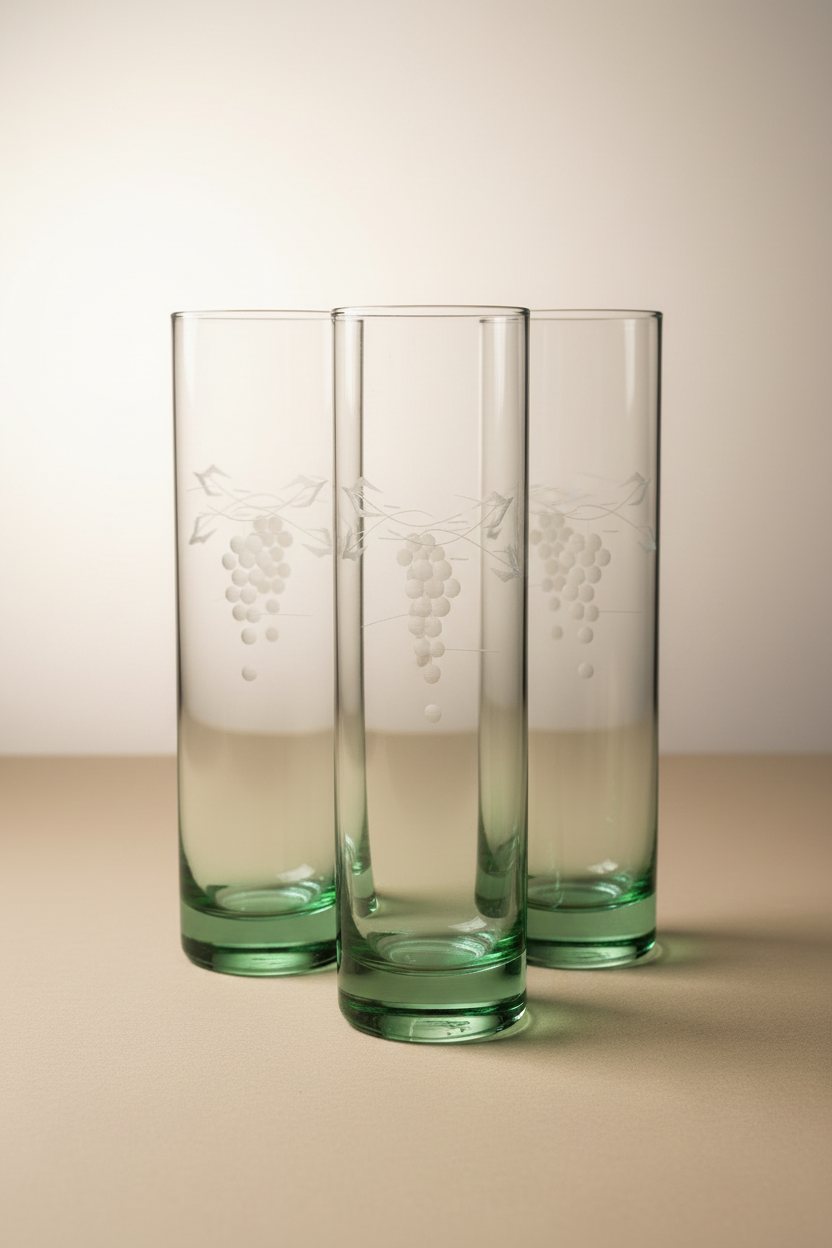 Set of three mid-century vintage Tom Collins highball glasses with wheel-etched grape cluster and vine motif on clear cylindrical body and deep emerald green weighted base, grouped on warm white background