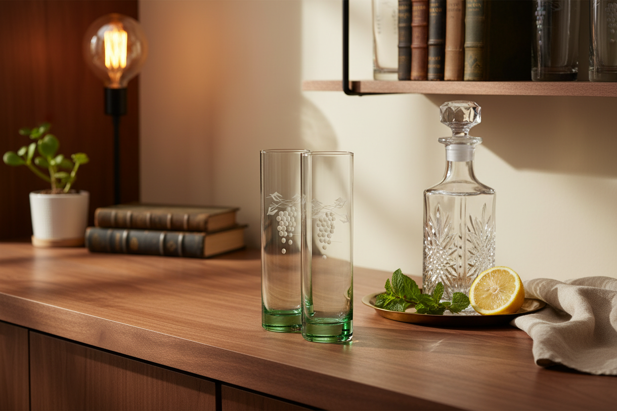  Two vintage etched grape and vine Tom Collins glasses styled on warm wood home bar surface alongside crystal decanter, fresh mint, lemon, and vintage books in warm Edison bulb lighting