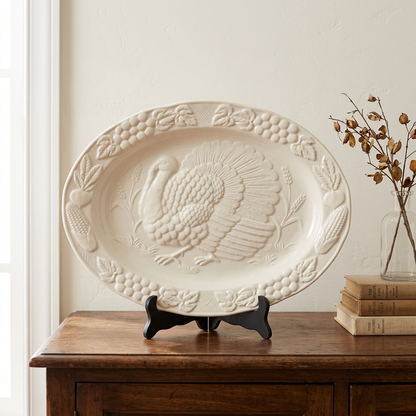 Vintage White Ceramic Turkey Platter, 18-Inch Embossed Harvest Design
