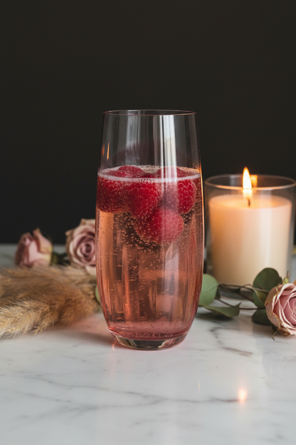 Single blush rose ombre highball glass with sparkling rosé and raspberries, styled with candlelight and dried florals