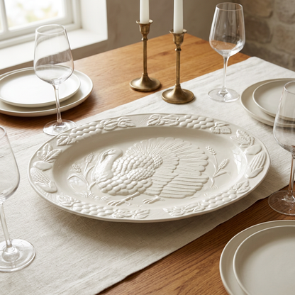 Vintage White Ceramic Turkey Platter, 18-Inch Embossed Harvest Design