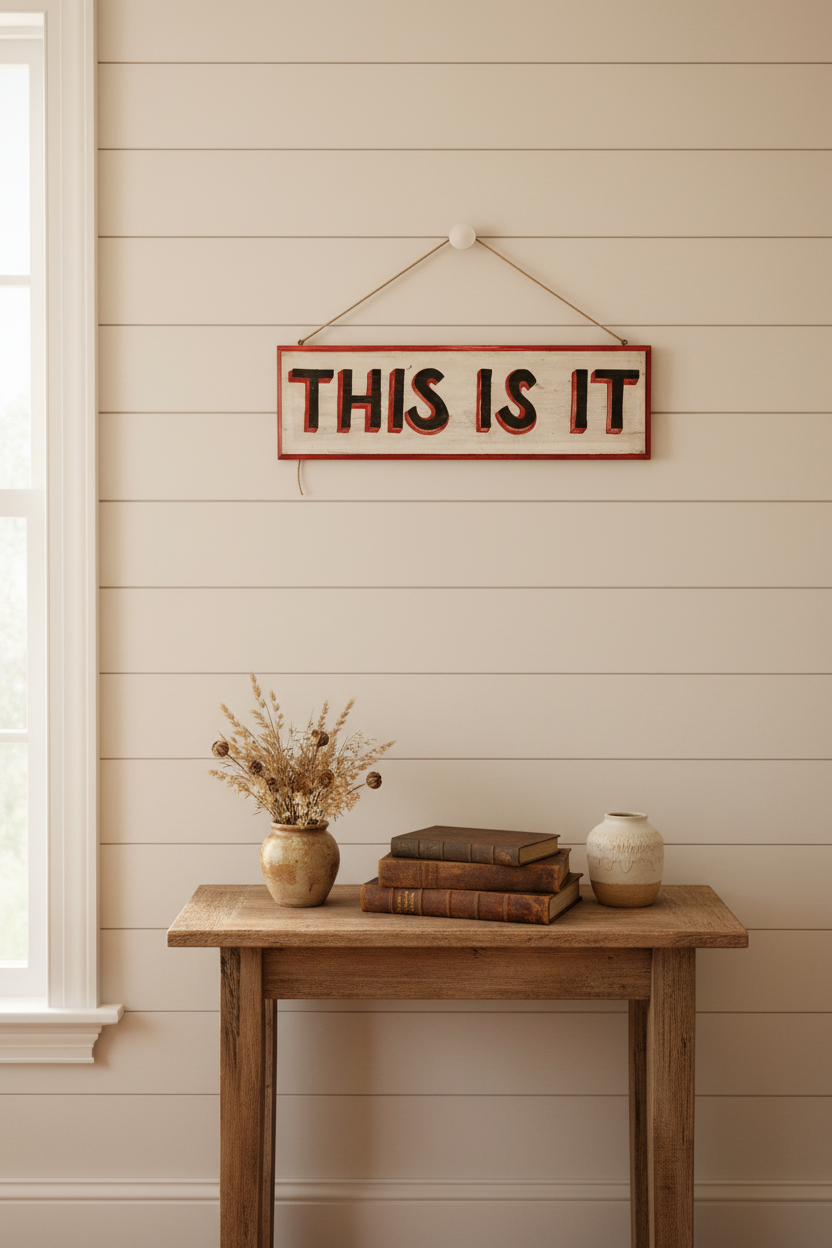 Vintage hand-painted THIS IS IT wooden wall sign hung above a rustic wood entryway console table styled with a dried botanical arrangement in a stoneware vase, stacked vintage books, and a cream ceramic vessel against a white shiplap wall in warm natural light