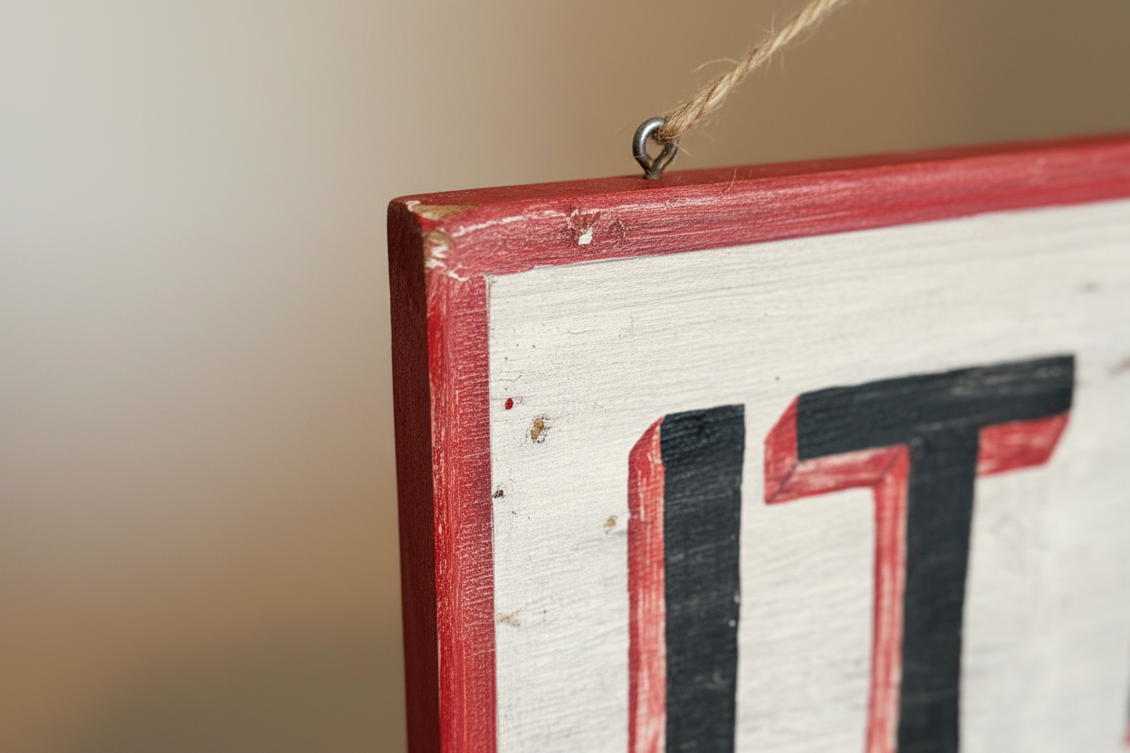 Detail shot of the distressed red painted border and eyelet hook with jute string on the hand-painted THIS IS IT wooden sign.