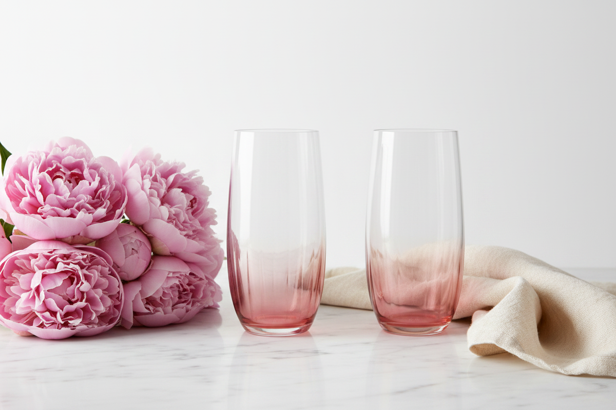 Pair of blush rose ombre highball glasses on white marble with pink peonies and linen napkin in soft natural light