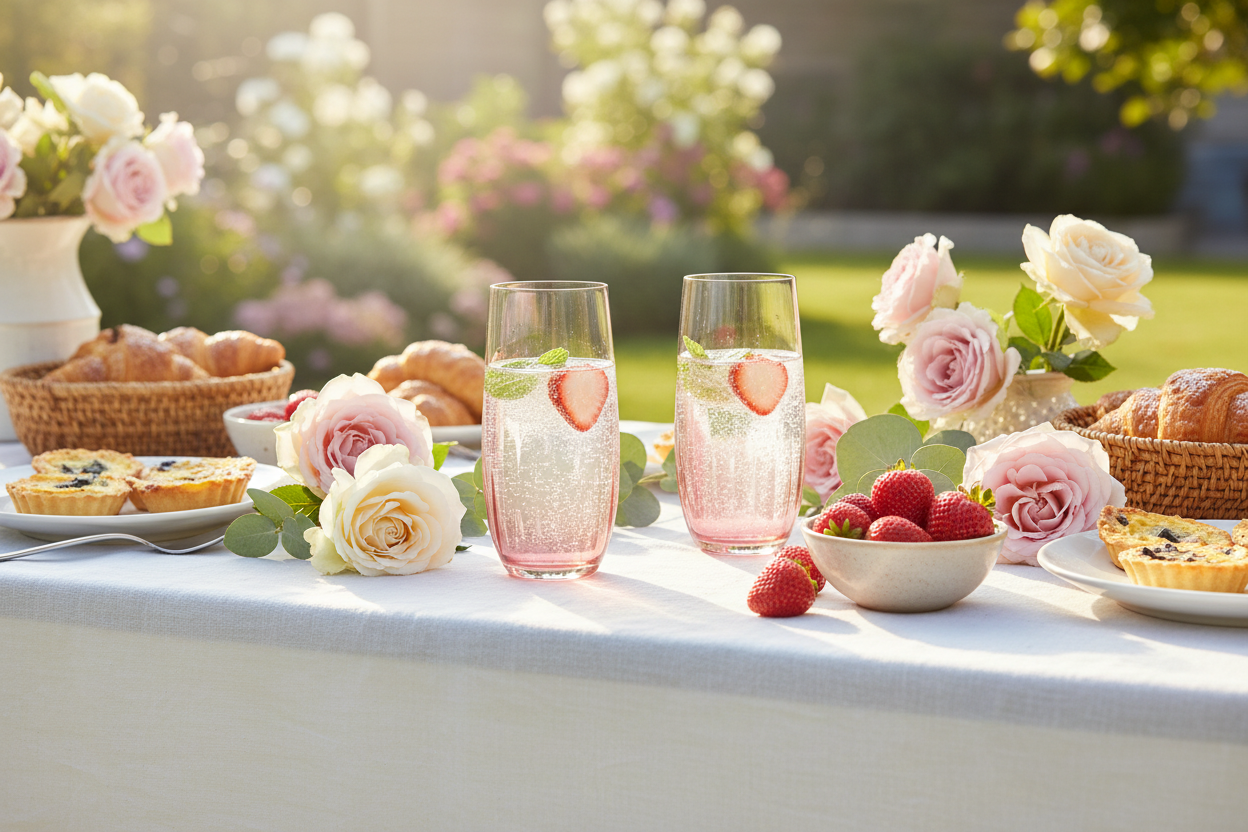 Two blush rose ombre highball glasses on an outdoor brunch table with white linen, strawberries, and garden roses in golden morning light