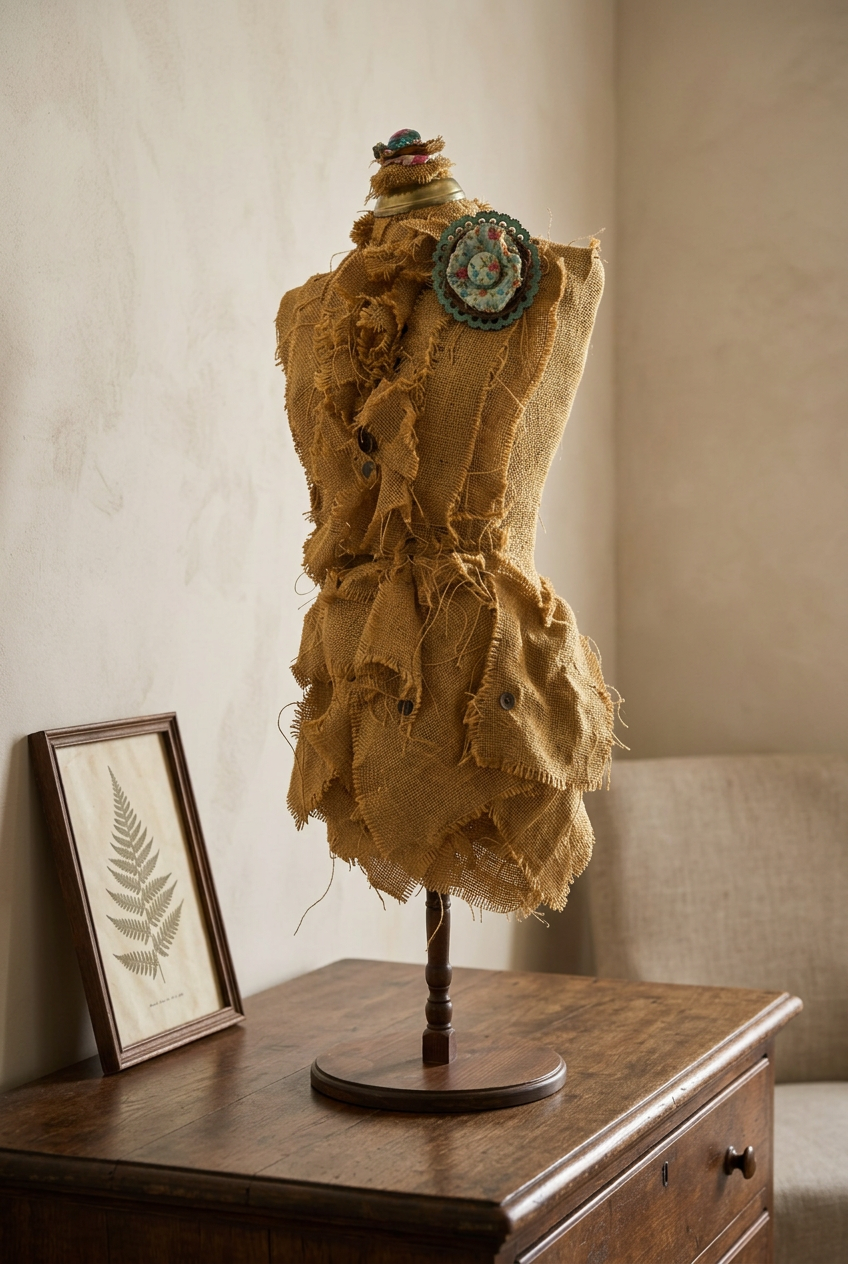 Angled view of burlap dress form sculpture on a wooden dresser beside a framed botanical print.